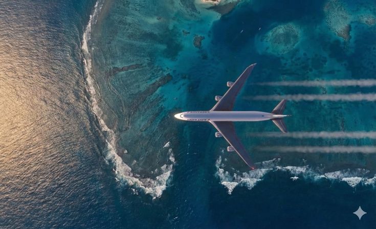An airplane passing over a deep blue tropical coastline